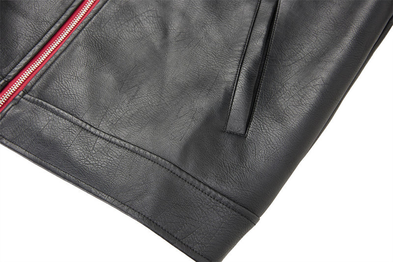 Men's Black PU Leather Biker Jacket – Short Moto Style with Red Zip