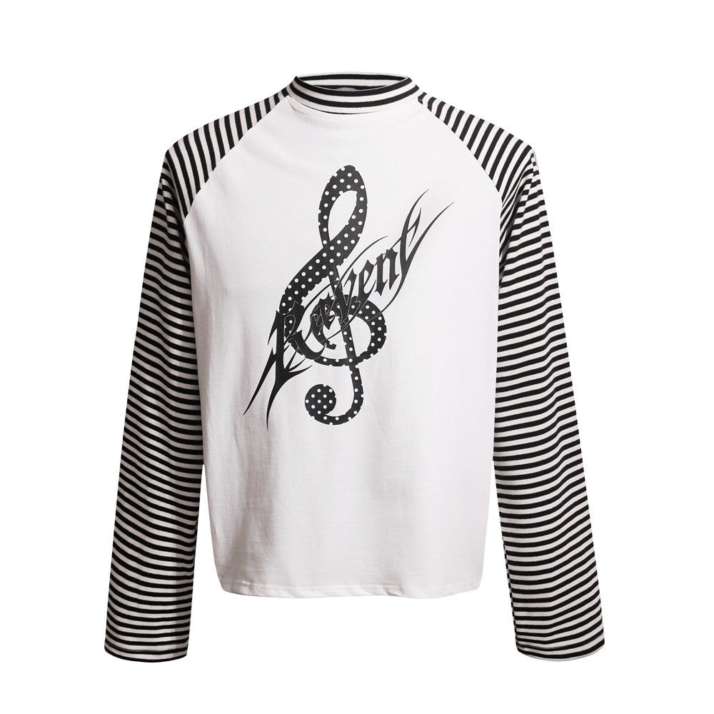 Men's Striped Raglan Long-Sleeve Tee with Music Note Graphic Print