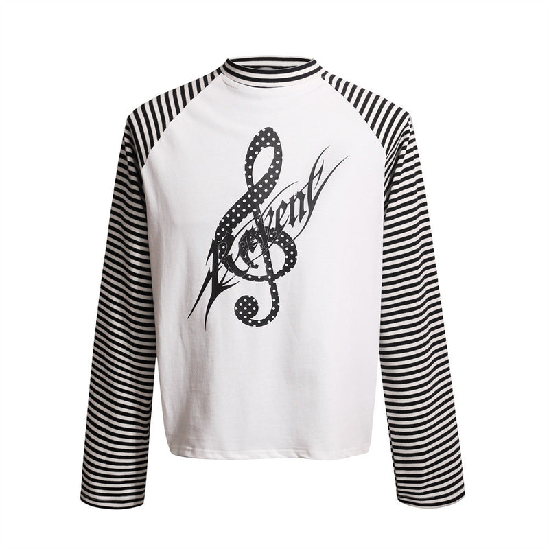 Men's Striped Raglan Long-Sleeve Tee with Music Note Graphic Print