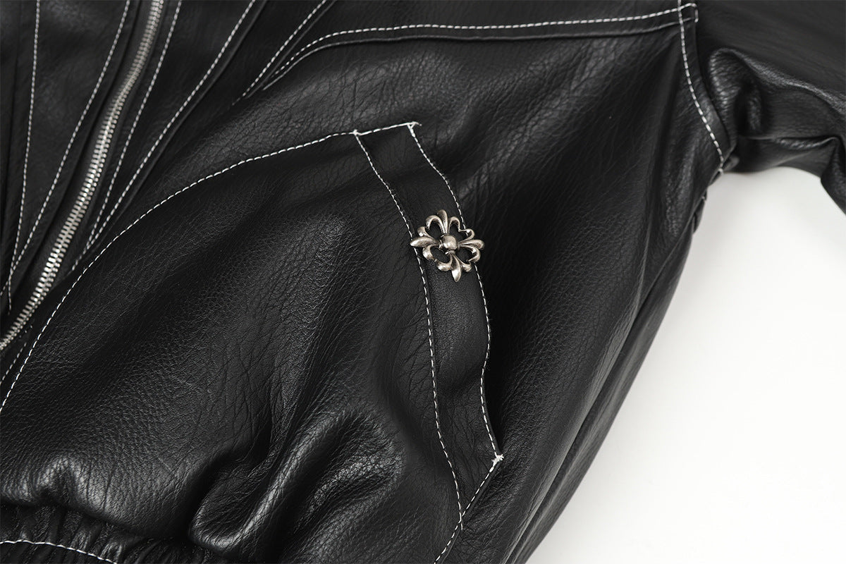 Faux Leather Hooded Bomber Jacket with Faux Fur Collar & Padded Lining