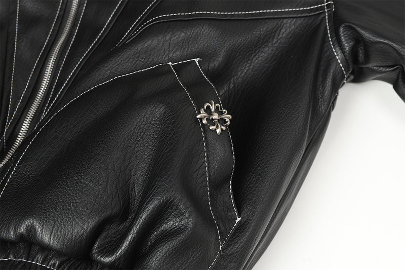Faux Leather Hooded Bomber Jacket with Faux Fur Collar & Padded Lining