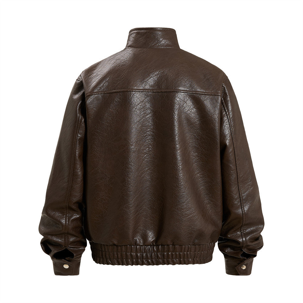 Men's Oversized PU Leather Bomber Jacket – Stand Collar Double-Breasted Snap