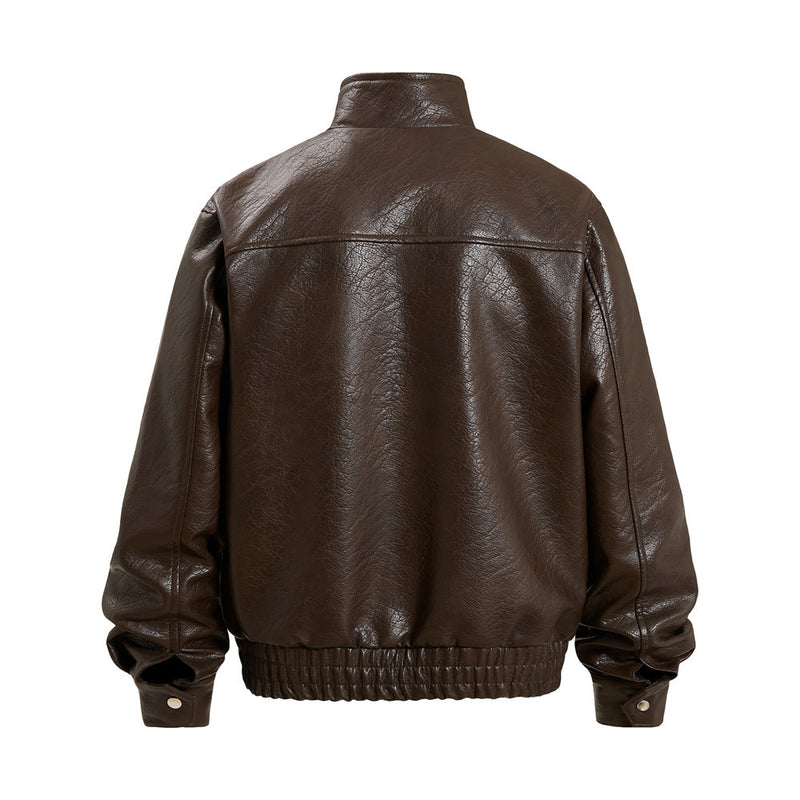 Men's Oversized PU Leather Bomber Jacket – Stand Collar Double-Breasted Snap