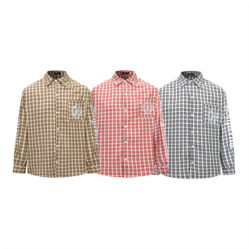 Embroidered Button Down Shirt – Men's Plaid Long Sleeve Gothic Logo Flannel