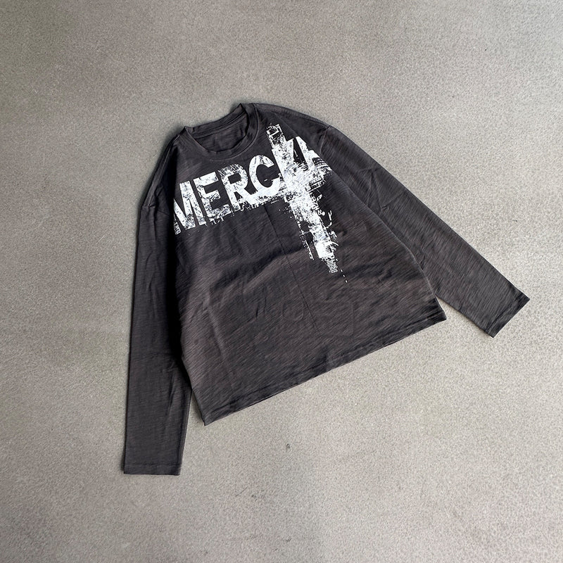 Long Sleeve Graffiti Cross Print Tee – Slub Cotton Crew Neck T-Shirt