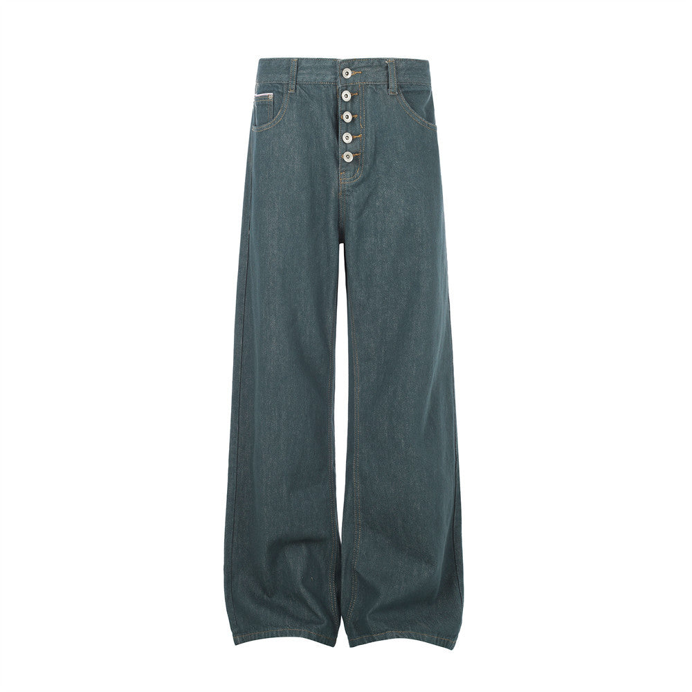 Jeans larges homme – Pantalon droit en denim vert canard à braguette boutonnée