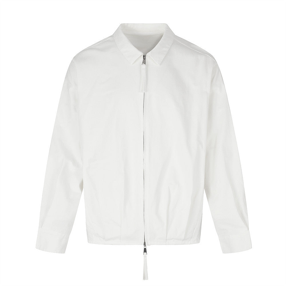 Oversized zip-up shirt jacket for men in white, point collar and full-length metal zipper, relaxed fit front view
