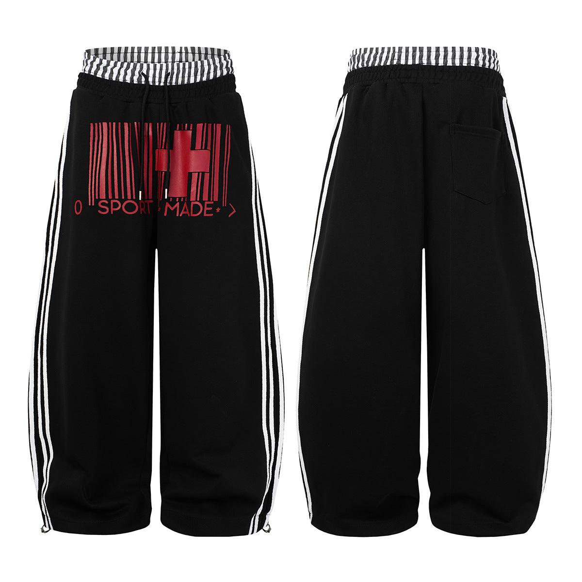 Wide-Leg Sweatpants with Barcode Cross Print & Double Waistband