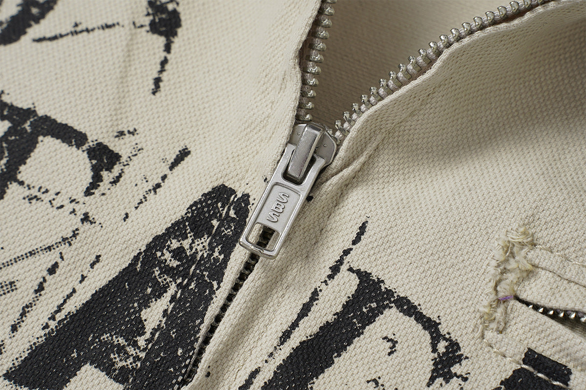 Veste zippée à imprimé graphique avec col en velours côtelé – Streetwear vintage délavé