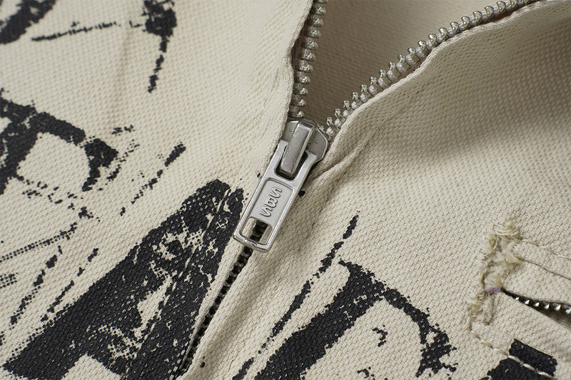 Veste zippée à imprimé graphique avec col en velours côtelé – Streetwear vintage délavé