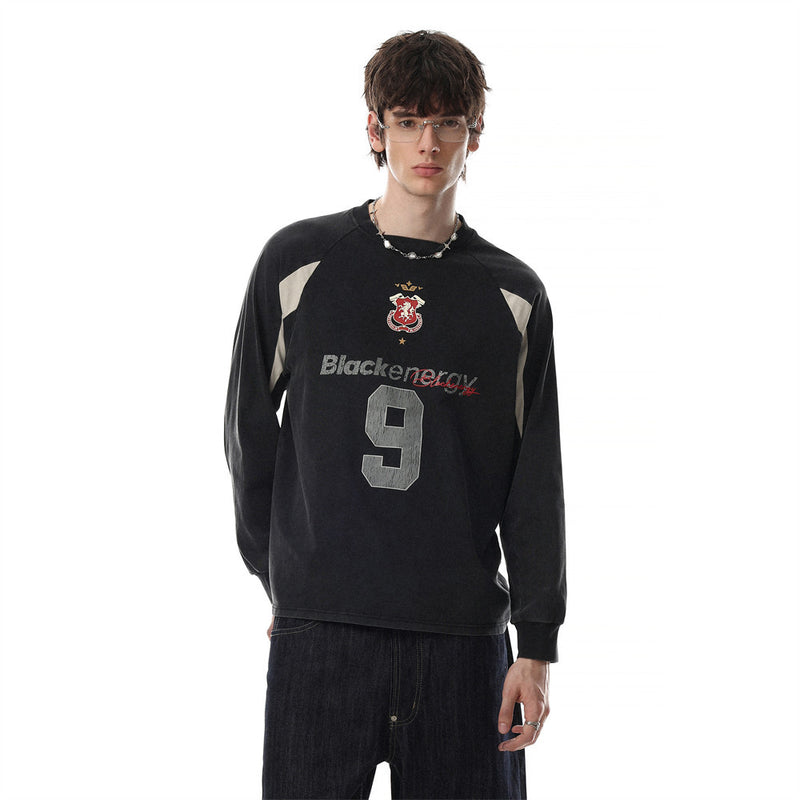 Men's Vintage Soccer Jersey Long-Sleeve Shirt – Number 9 Graphic, Washed Black
