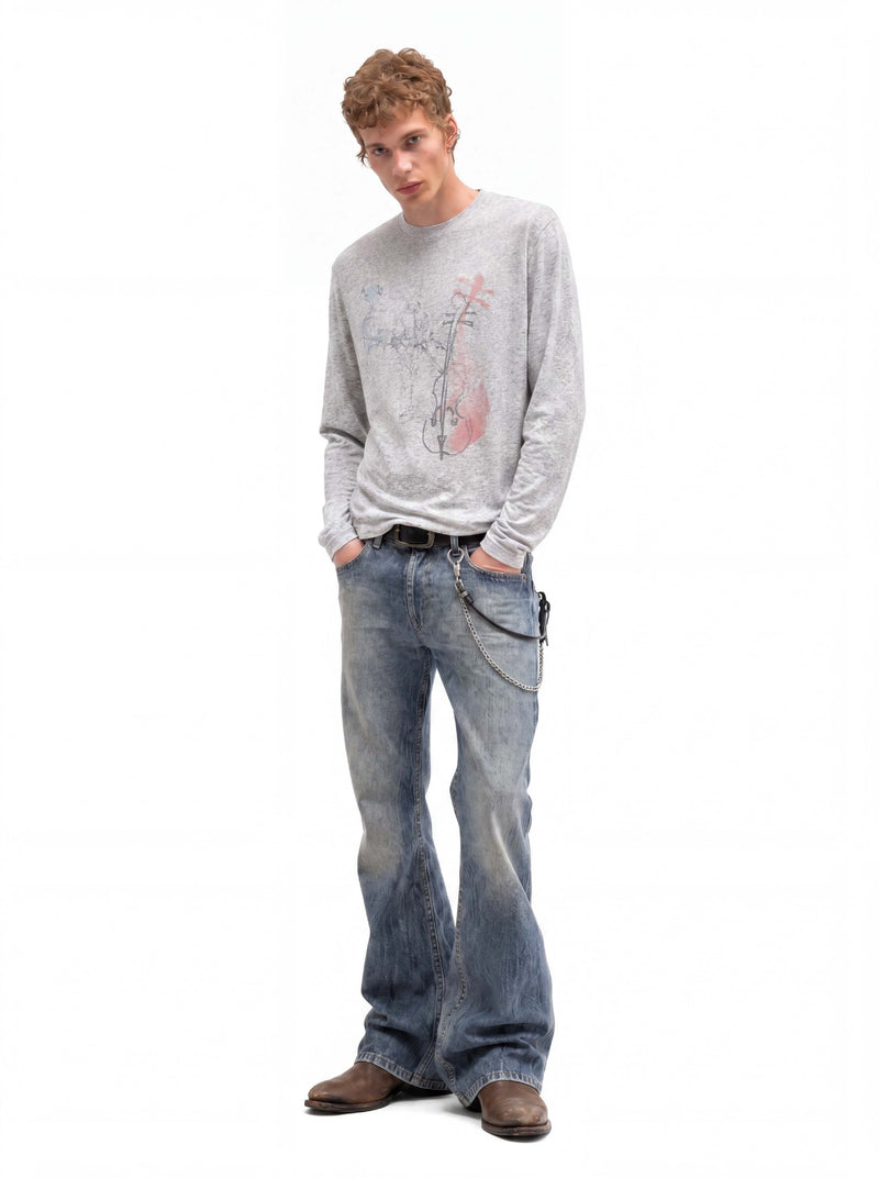 Long Sleeve Graphic Shirt – Cello Musician Sketch Print, Relaxed Fit