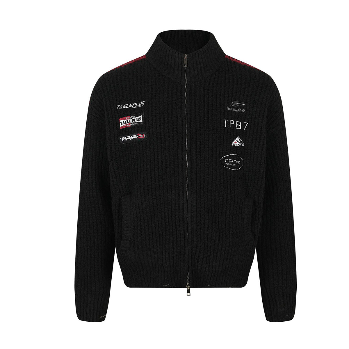 Strick-Cardigan mit Racing-Patches, Reißverschluss und Stehkragen