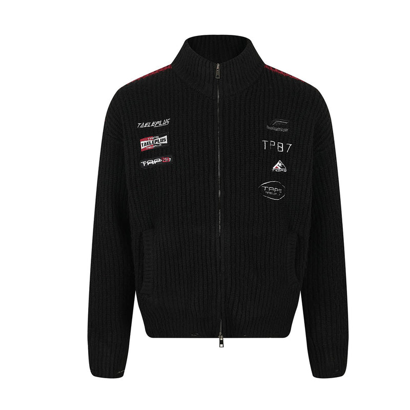 Strick-Cardigan mit Racing-Patches, Reißverschluss und Stehkragen