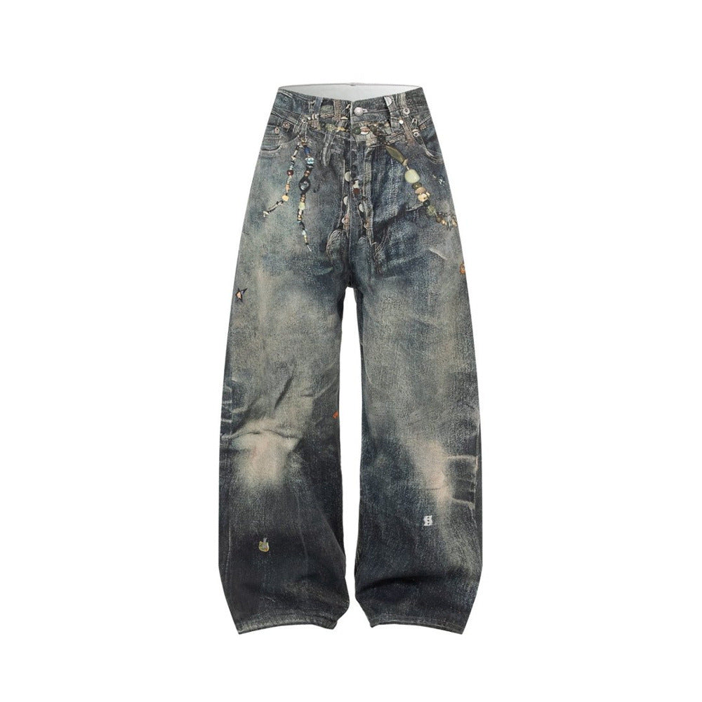 Wide-Leg Jeans with Chain & Bead Embellishments – Vintage Dirty-Wash Punk Denim