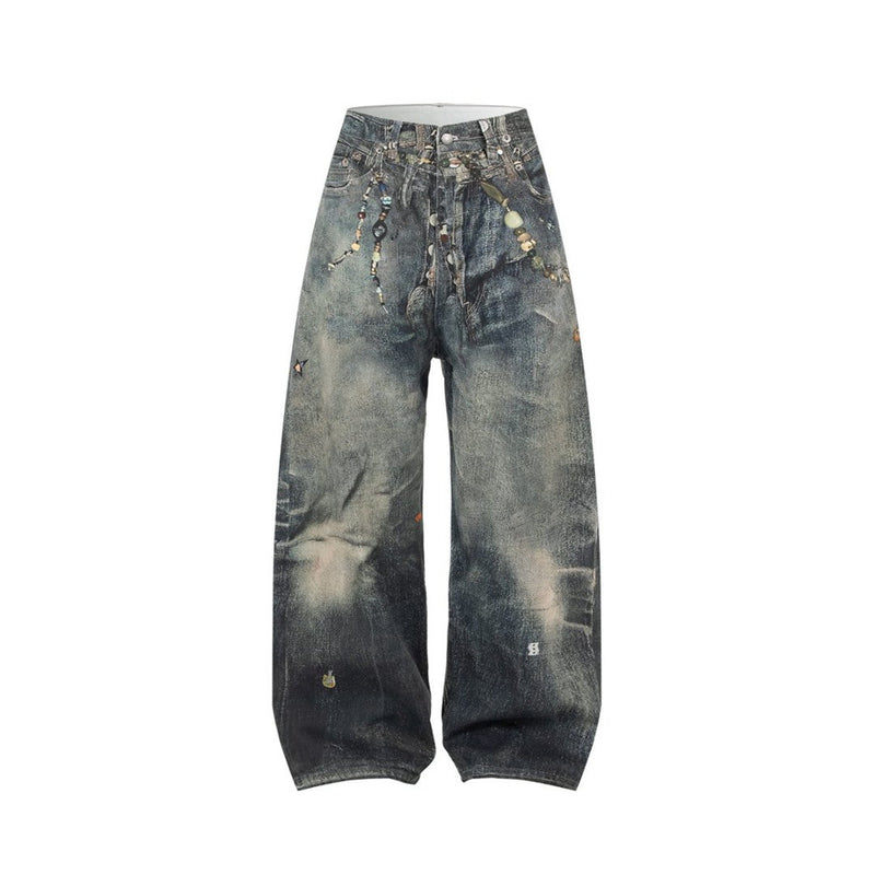 Wide-Leg Jeans with Chain & Bead Embellishments – Vintage Dirty-Wash Punk Denim