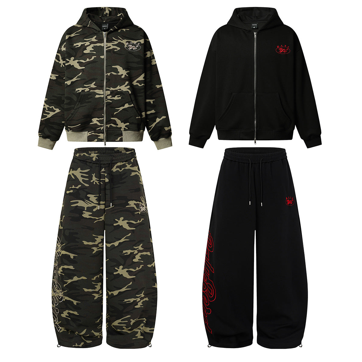 Baggy-Sweatpants mit weitem Bein – Camo- und schwarze Streetwear-Jogger mit Grafikprint