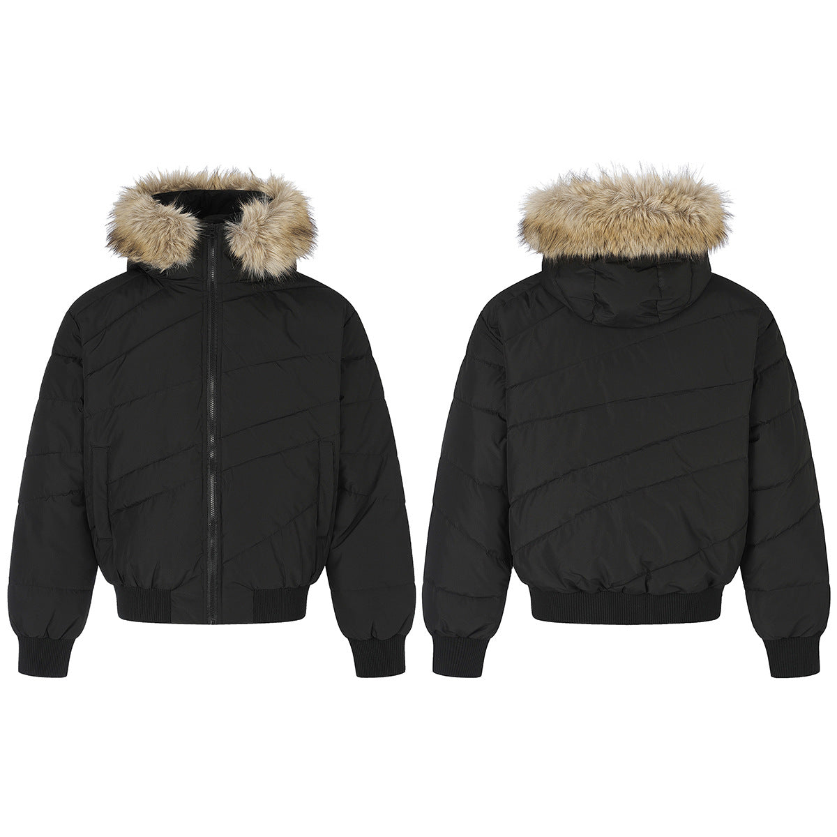 Puffer Bomber Jacket with Faux Fur Hood – Diagonal Quilted Short Winter Coat