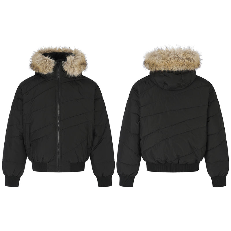 Puffer Bomber Jacket with Faux Fur Hood – Diagonal Quilted Short Winter Coat
