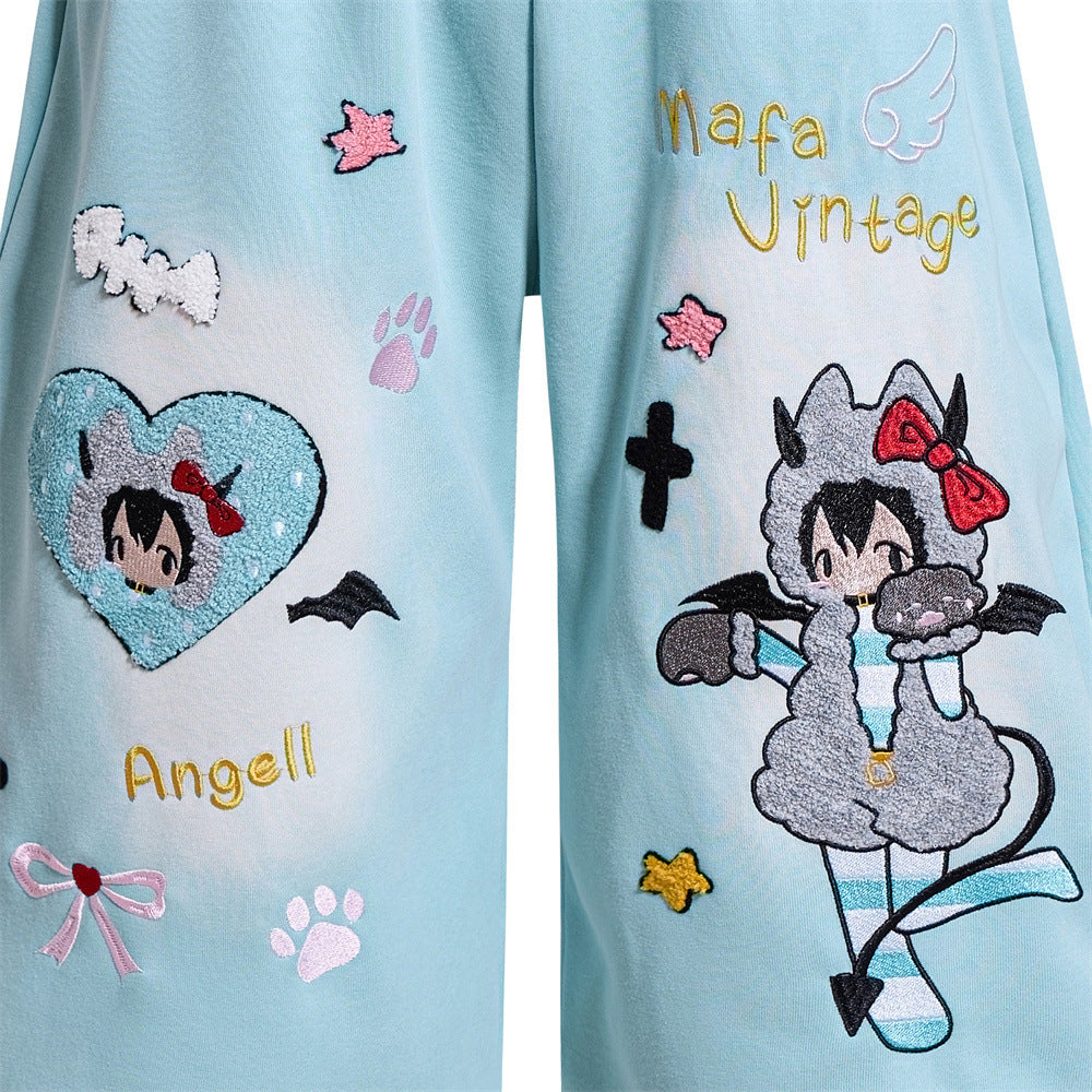 Anime Embroidered Wide-Leg Shorts – Kawaii Devil Angel Graphic Streetwear