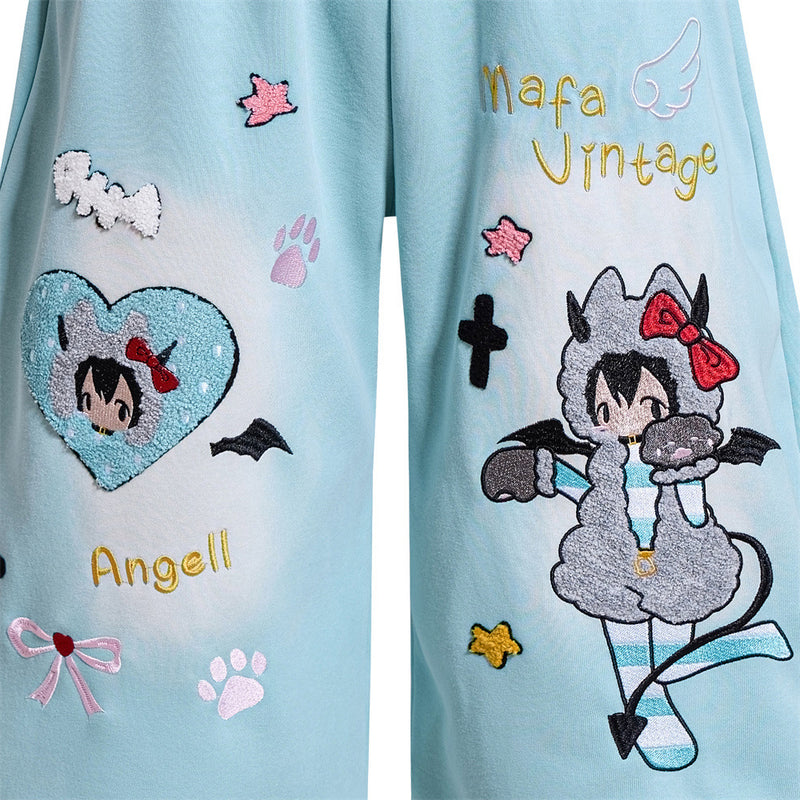 Anime Embroidered Wide-Leg Shorts – Kawaii Devil Angel Graphic Streetwear