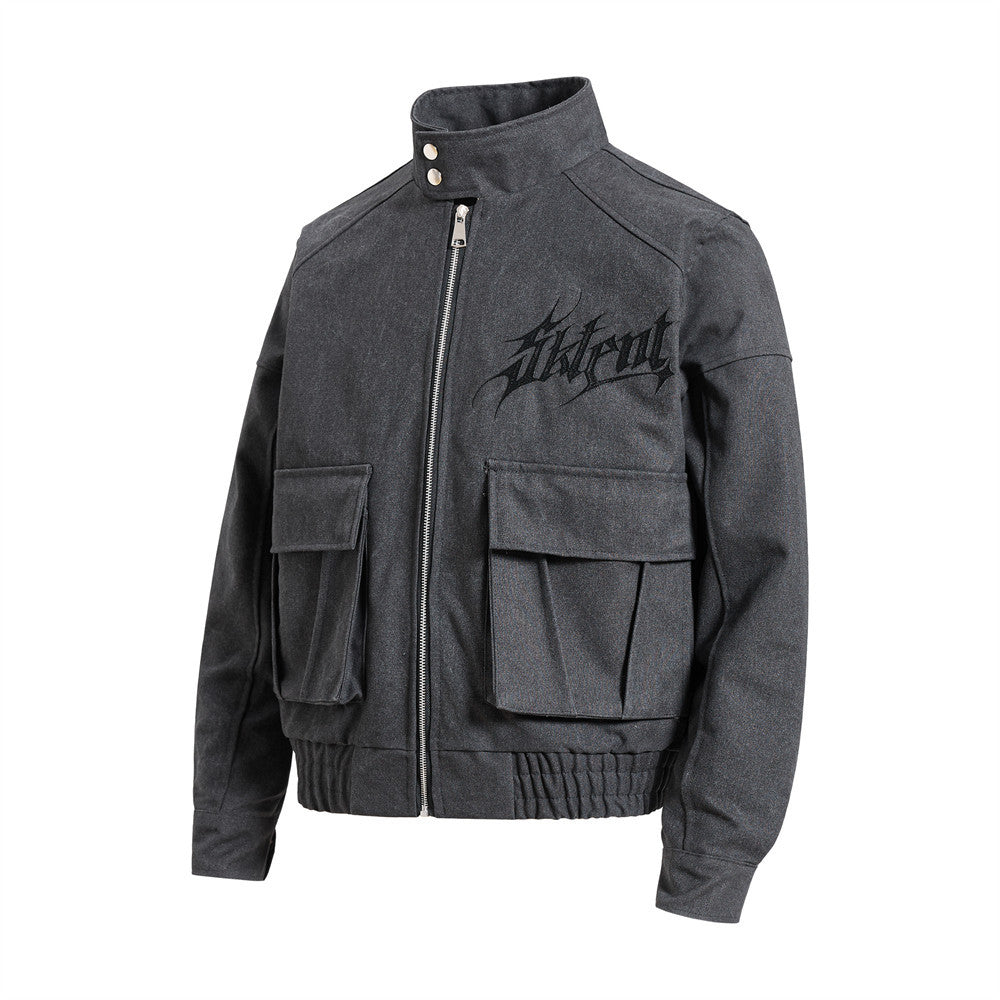 Gothic Letter Embroidered Cargo Bomber Jacket – Stand Collar, Multi-Pocket