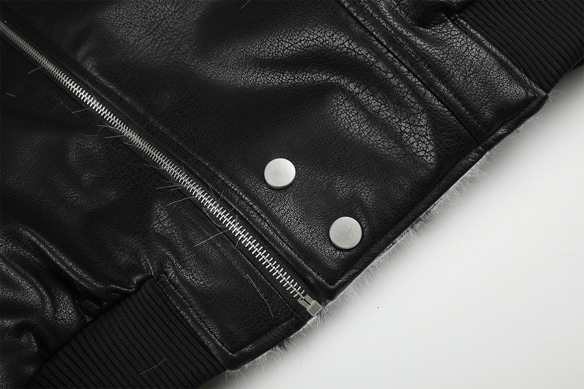 Black Faux Leather Bomber Jacket with Spotted Faux Fur Collar