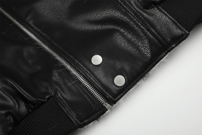 Black Faux Leather Bomber Jacket with Spotted Faux Fur Collar