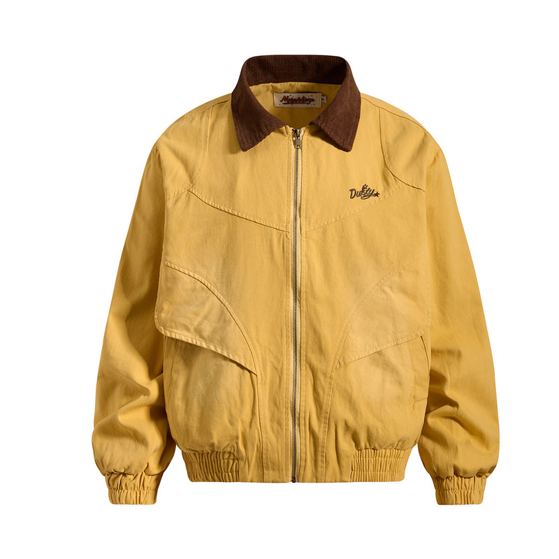 Retro American Washed Zip-Up Jacket with Corduroy Collar