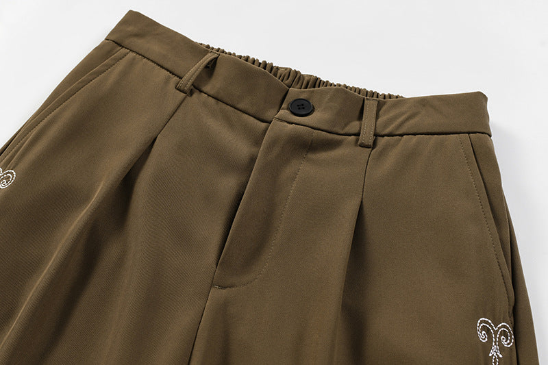 Wide Leg Dress Pants with Floral Embroidery Side Stripe