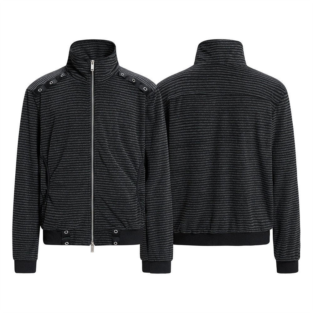 Chaqueta de rayas con cuello mao y cremallera para hombre, con detalles de ojales metálicos