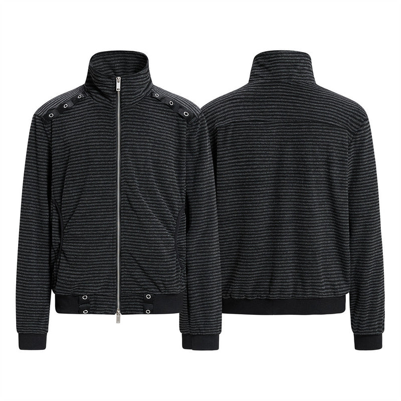 Chaqueta de rayas con cuello mao y cremallera para hombre, con detalles de ojales metálicos