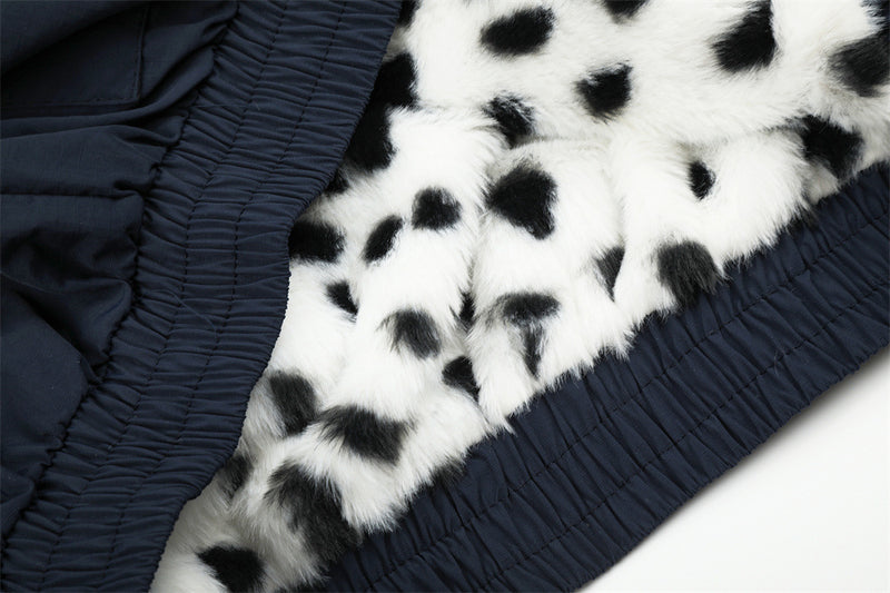 Reversible Stand-Collar Jacket Men's Dalmatian Faux Fur & Nylon Oversized Bomber