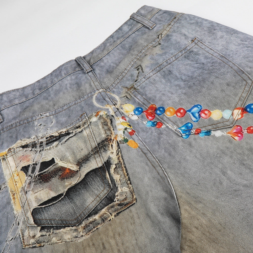 Wide-Leg Distressed Jeans – Digital Print Charms & Ripped Washed Denim