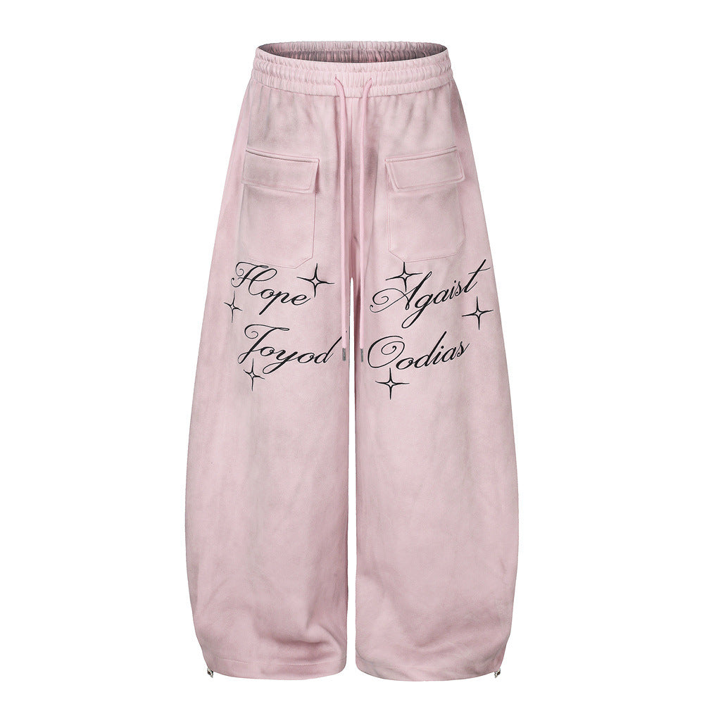 Pantalon de survêtement en velours oversize à jambes larges, imprimé de lettres cursives et poches cargo, bleu poudré et rose blush