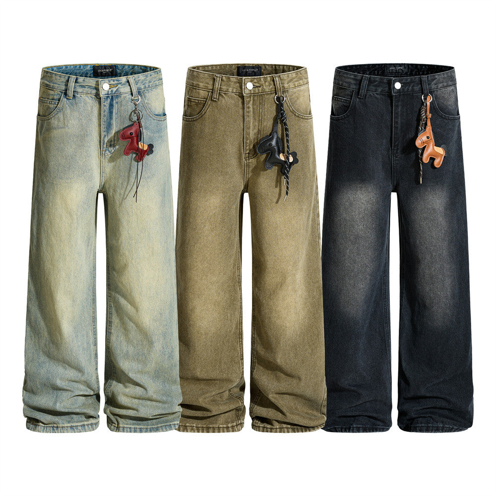 Men's Vintage Washed Wide-Leg Jeans – Relaxed Straight Fit with Horse Charm