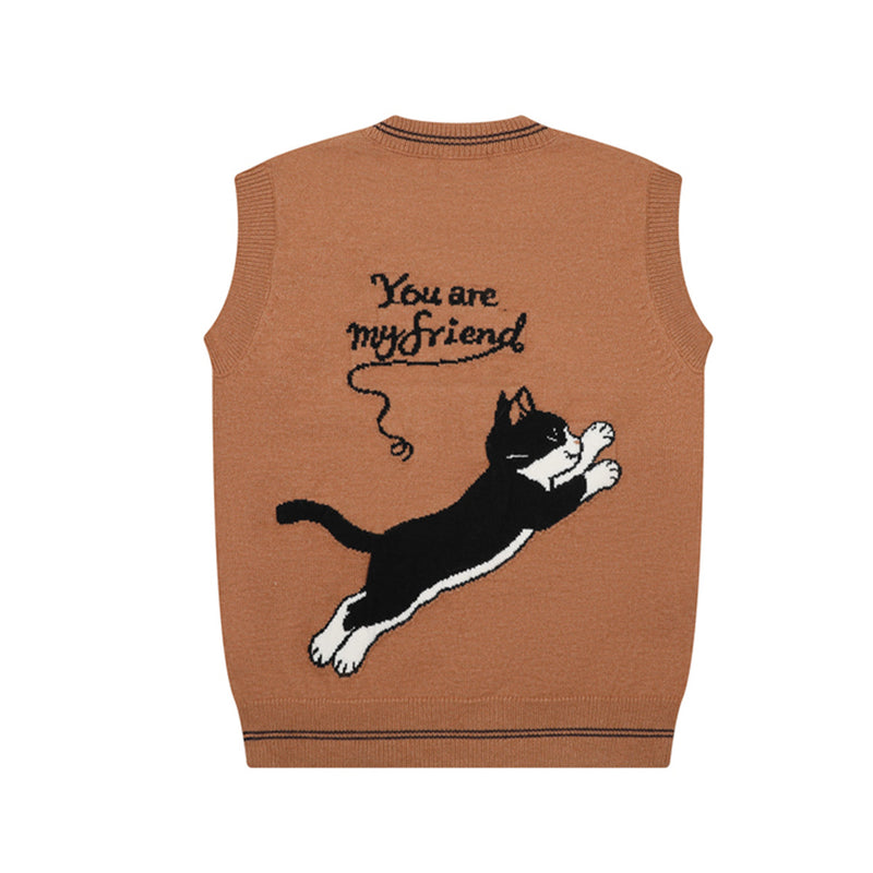 Cat Paw Knit Sweater Vest – V-Neck Jacquard Sleeveless Pullover in Brown