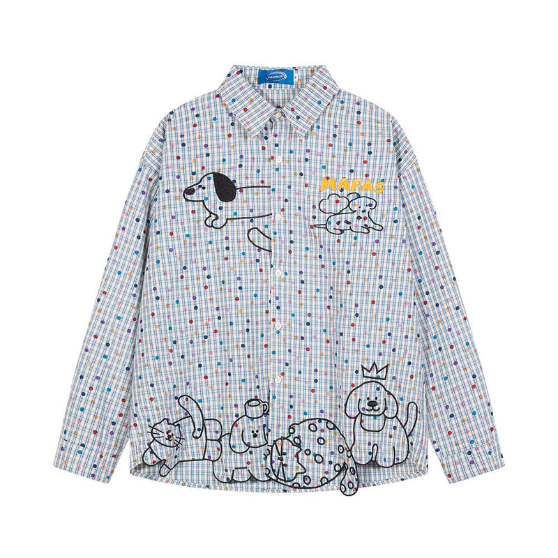 Men's Plaid Long Sleeve Shirt with Cartoon Dog Embroidery and Colorful Polka Dot