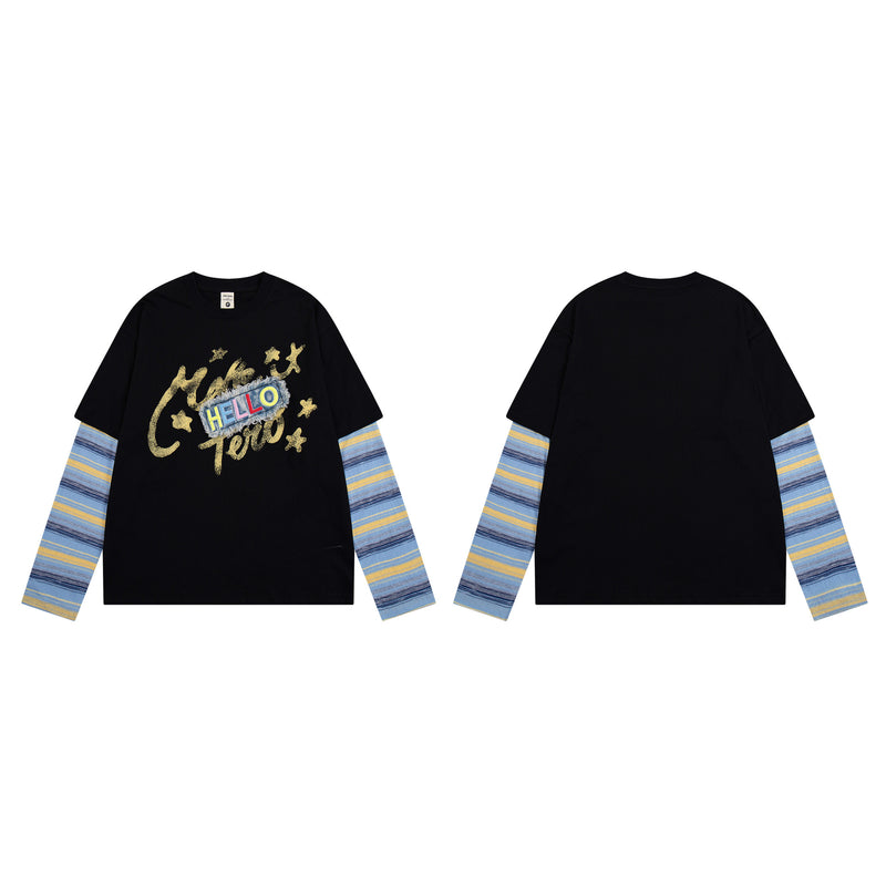 Kastiges Oversized-Langarmshirt mit Streifenärmeln & Hello-Patch