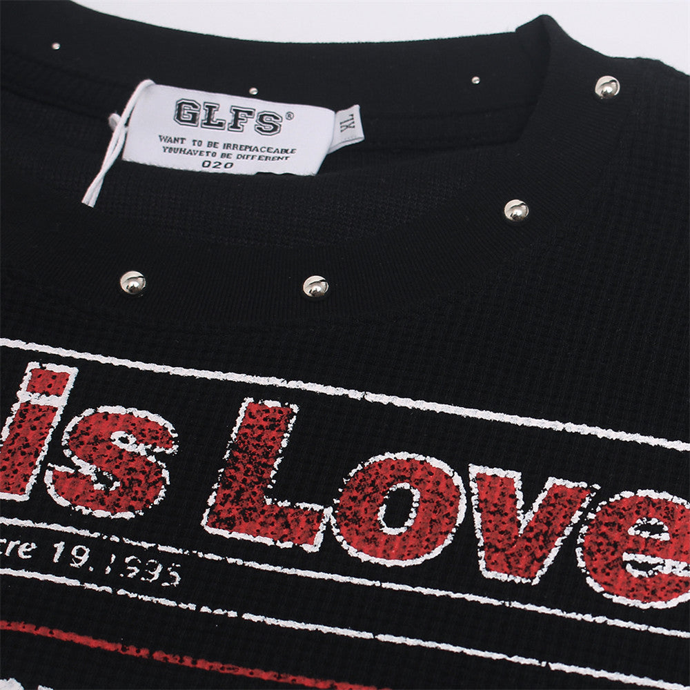 Newspaper Graphic Long Sleeve Waffle Tee – Studded Collar, Distressed Print