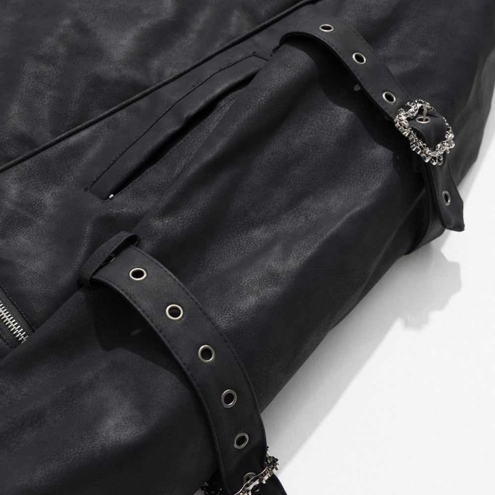 Black Punk PU Leather Hooded Jacket with Faux Fur Trim & Buckle Strap Sleeves