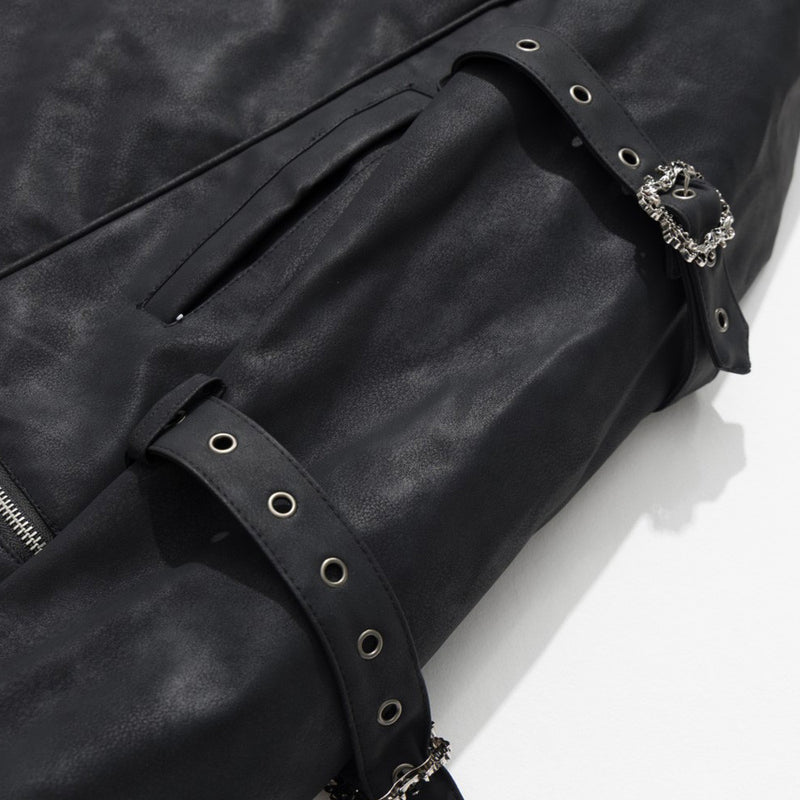 Black Punk PU Leather Hooded Jacket with Faux Fur Trim & Buckle Strap Sleeves