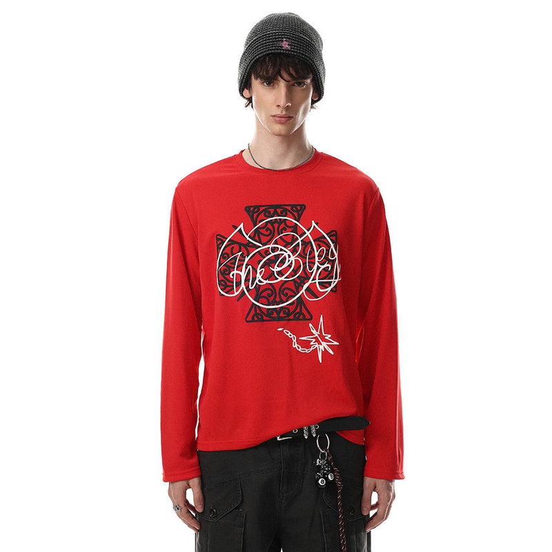 Front view of red long sleeve crew neck tee with large Celtic cross graphic print