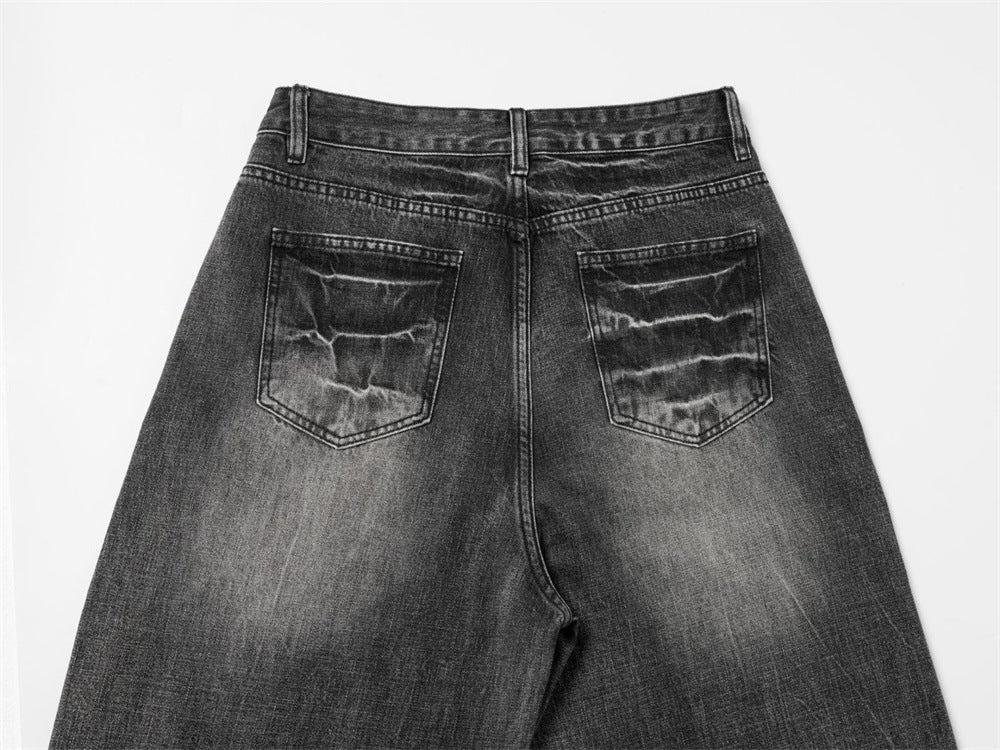 Baggy Dark Wash Jeans – Men's Wide Leg Vintage Punk Distressed Faded Denim