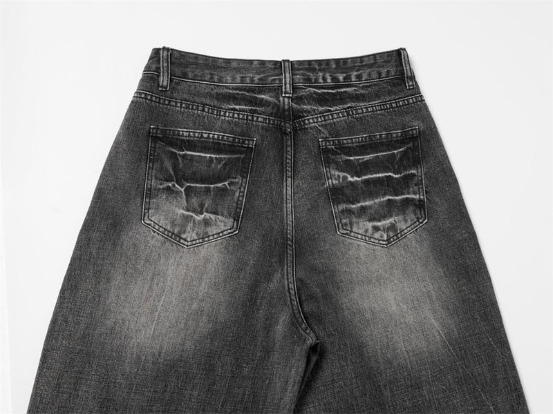 Baggy Dark Wash Jeans – Men's Wide Leg Vintage Punk Distressed Faded Denim