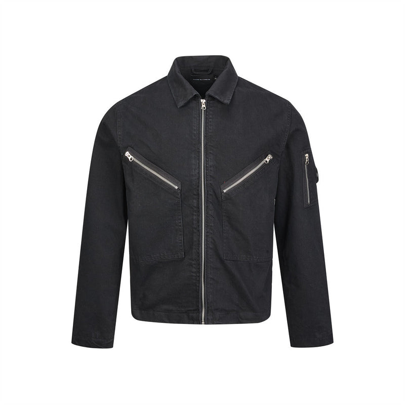 Men's vintage washed zip-up workwear jacket with chevron dual zip chest pockets and sleeve pocket in washed black