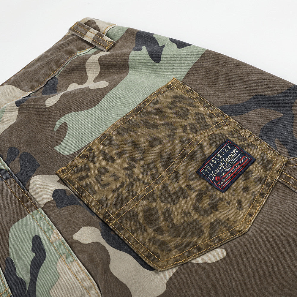 Camo & Leopard Patchwork Wide-Leg Cargo Pants