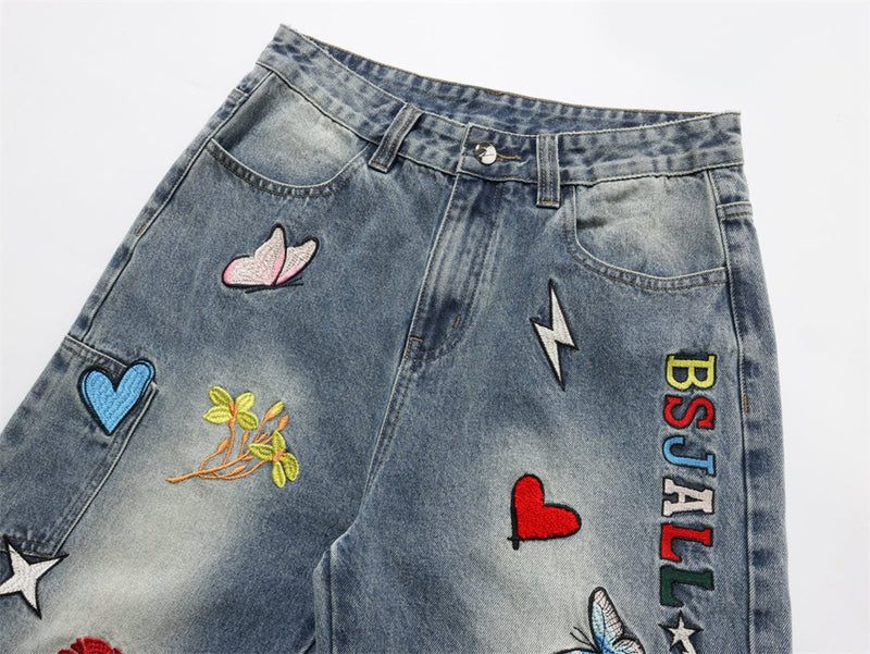 Wide-Leg Jeans with Embroidered Patches – Stars, Butterflies & Roses on Washed