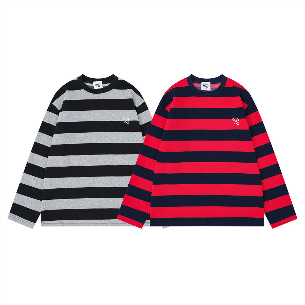 Two oversized crew neck striped long sleeve shirts, black and gray and red and navy