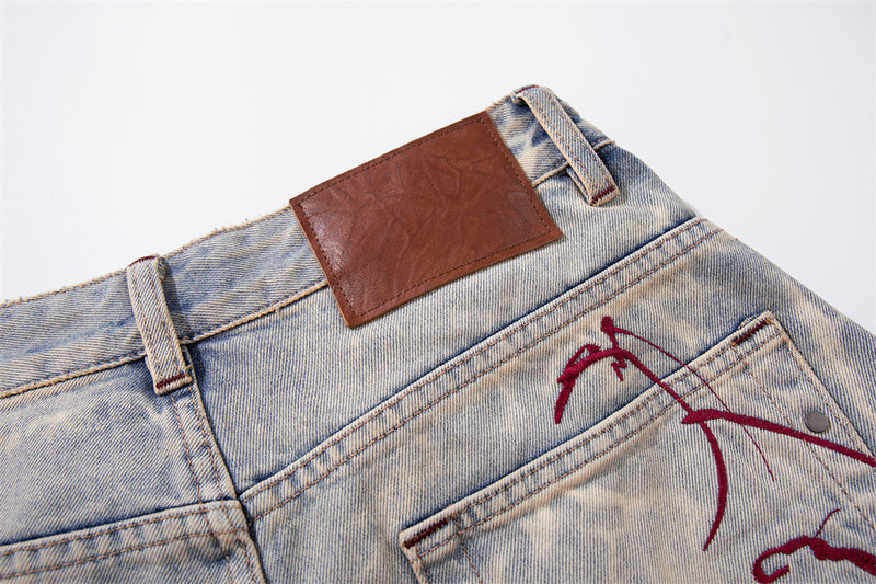 Tie-Dye Washed Denim Shorts – Wide-Leg Embroidered Vintage Punk Style